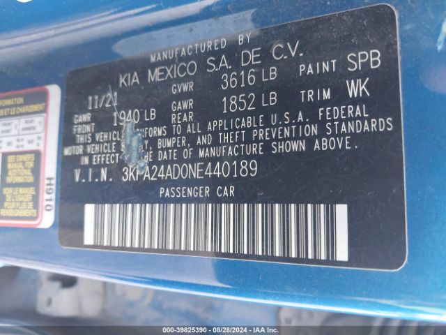 3KPA24AD0NE440189 KIA RIO S