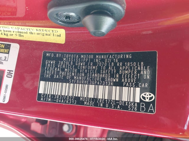 Toyota Corolla S Plus 2016 5YFBURHE3GP473134 Image 9