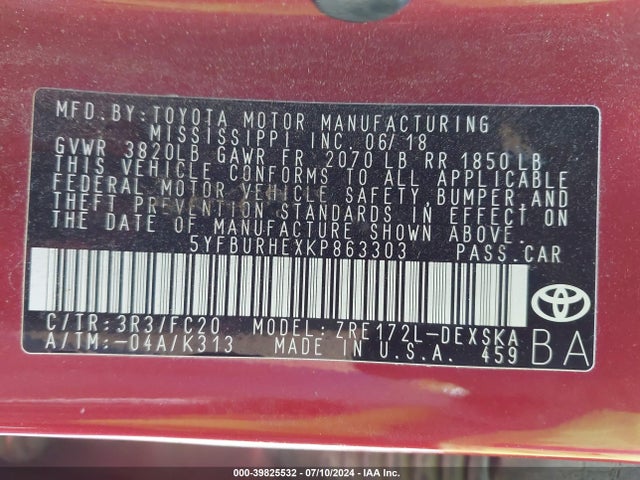 Toyota COROLLA SE 2019 5YFBURHEXKP863303 Image 9