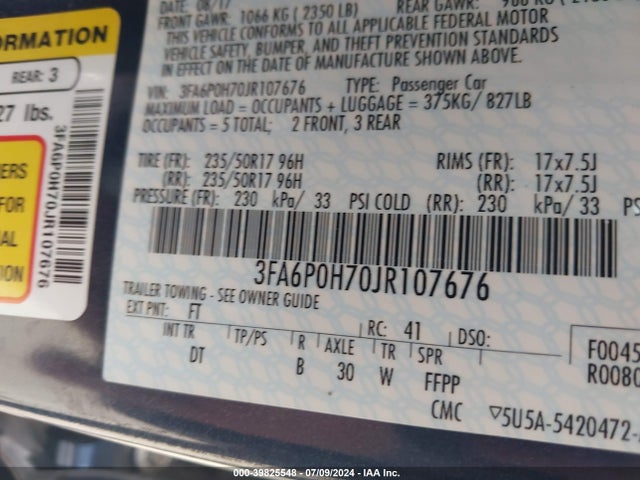 Ford FUSION SE 2018 3FA6P0H70JR107676 Image 9