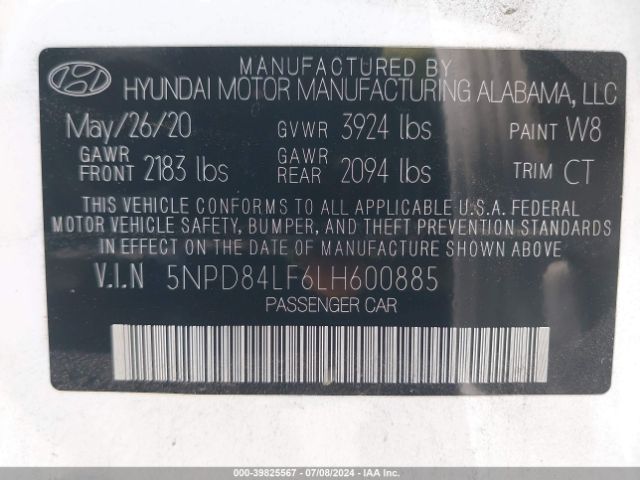 5NPD84LF6LH600885 Hyundai Elantra Value Edition