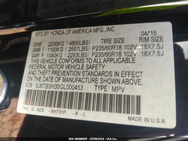 39825597 :رقم المزاد ، 5J8TB3H30GL000453 vin ، 2016 Acura Rdx Acurawatch Plus Pkg/base (a6) مزاد بيع