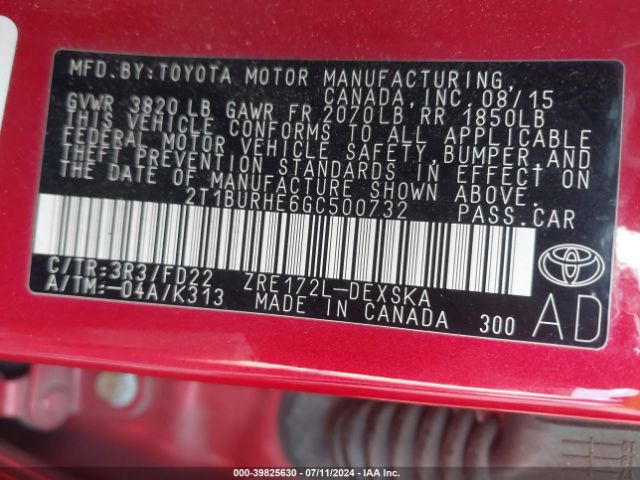 2T1BURHE6GC500732 Toyota Corolla S Plus