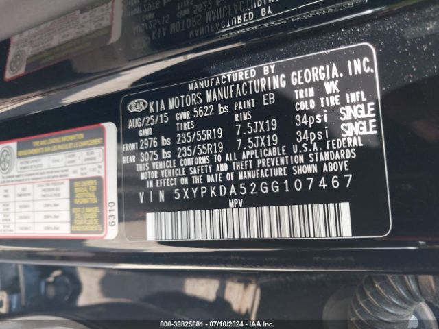 5XYPKDA52GG107467 KIA Sorento 3.3l Sx