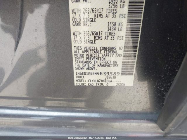 1N6ED1EK9NN639589 Nissan Frontier Sv 4x4