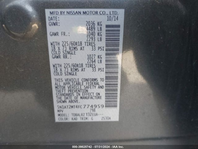 5N1AT2MT4FC774959 Nissan Rogue Sl