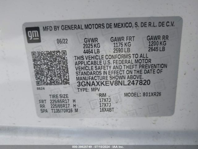 3GNAXKEV8NL247820 Chevrolet Equinox Fwd Lt