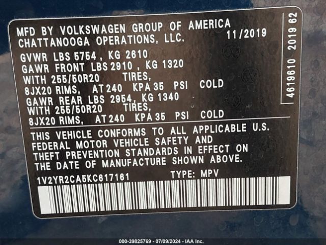 1V2YR2CA5KC617161 Volkswagen Atlas 3.6l V6 Se W/technology R-line