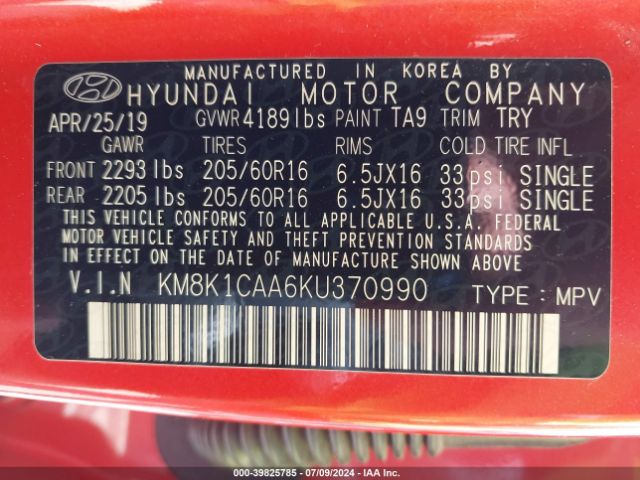 KM8K1CAA6KU370990 Hyundai Kona Se
