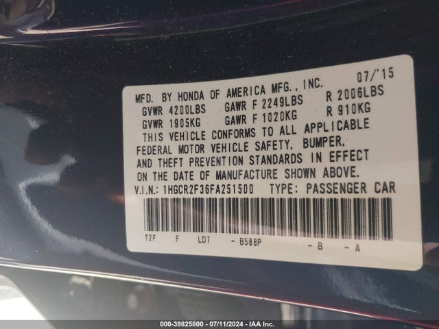 Honda ACCORD LX 2015 1HGCR2F36FA251500 Image 9