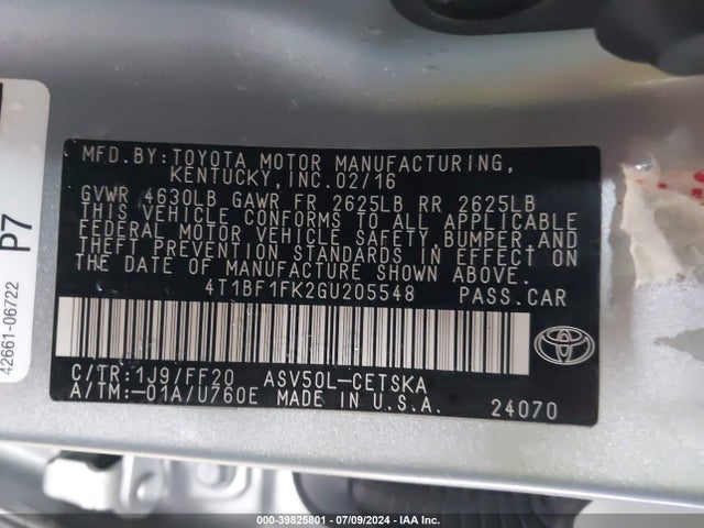 Toyota CAMRY SE 2016 4T1BF1FK2GU205548 Image 9