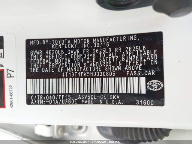 Toyota CAMRY SE 2017 4T1BF1FK5HU330805 Image 9