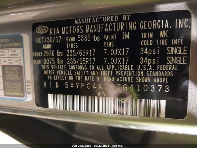 5XYPG4A38JG410373 KIA Sorento 2.4l Lx