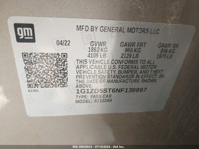 39825833 :رقم المزاد ، 1G1ZD5ST6NF139997 vin ، 2022 Chevrolet Malibu Fwd Lt مزاد بيع
