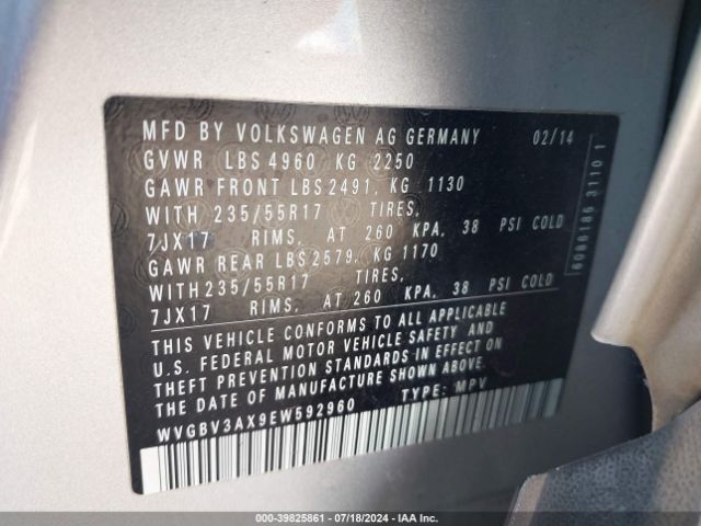 WVGBV3AX9EW592960 Volkswagen TIGUAN SE
