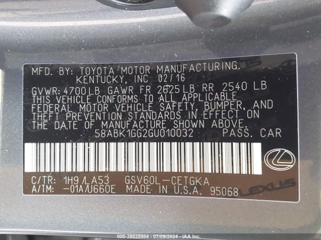 58ABK1GG2GU010032 Lexus ES 350