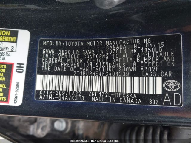 2T1BURHE4FC401339 Toyota Corolla S Premium