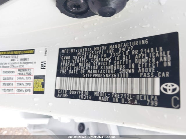 Toyota COROLLA LE 2022 5YFEPMAE5NP363300 Image 9