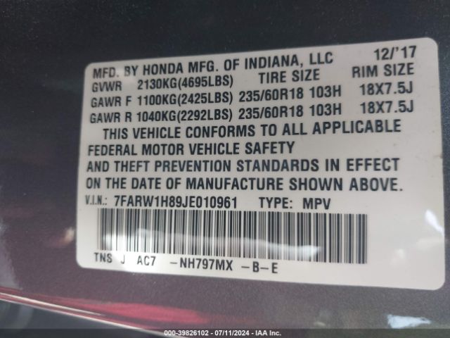 7FARW1H89JE010961 Honda Cr-v Ex-l/ex-l Navi