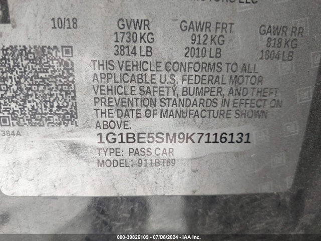 Chevrolet CRUZE LT 2019 1G1BE5SM9K7116131 Image 9