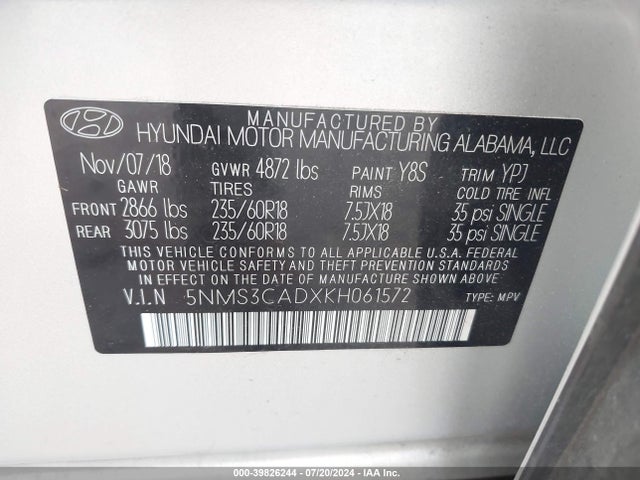 5NMS3CADXKH061572 Hyundai Santa Fe Sel Plus