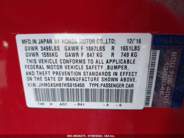 JHMGK5H87HS015450 Honda Fit Ex-l