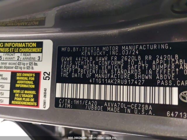 Toyota CAMRY SE 2024 4T1G11AK2RU917427 Image 9