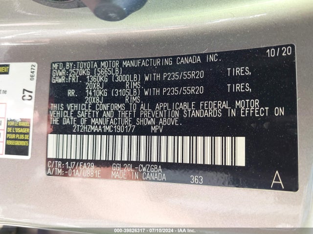 Lexus RX 350 2021 2T2HZMAA1MC190177 Image 9