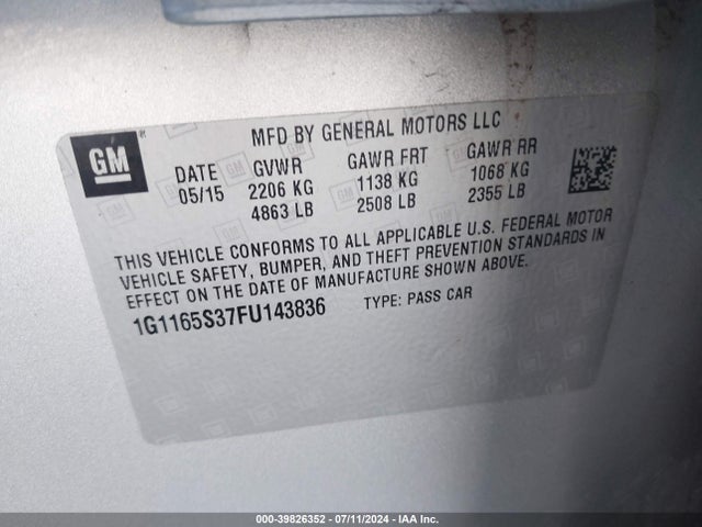 Chevrolet IMPALA 2LZ 2015 1G1165S37FU143836 Image 9