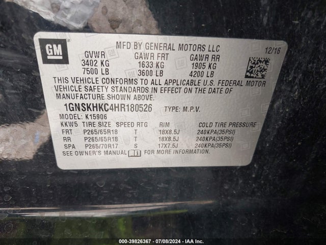 Chevrolet Suburban Lt 2017 1GNSKHKC4HR180526 Image 9