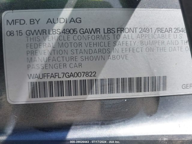 WAUFFAFL7GA007822 Audi A4 2.0t Premium