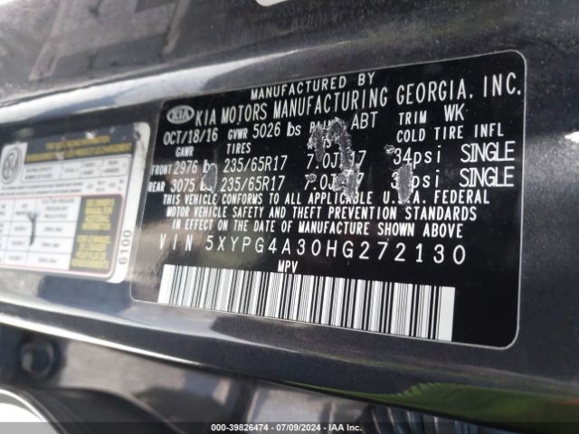 5XYPG4A30HG272130 KIA Sorento 2.4l Lx