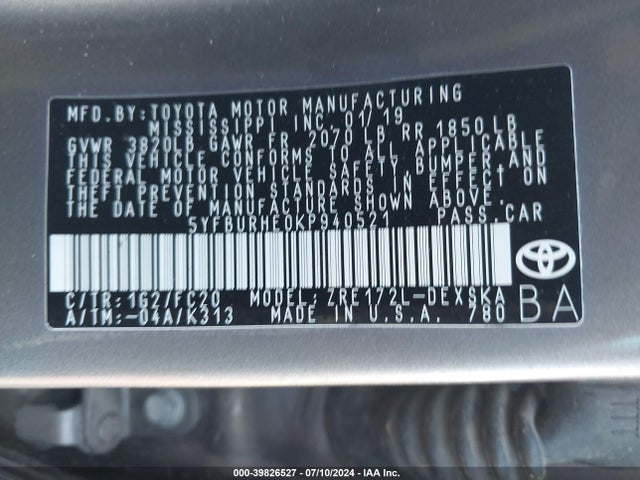 Toyota COROLLA SE 2019 5YFBURHE0KP940521 Image 9