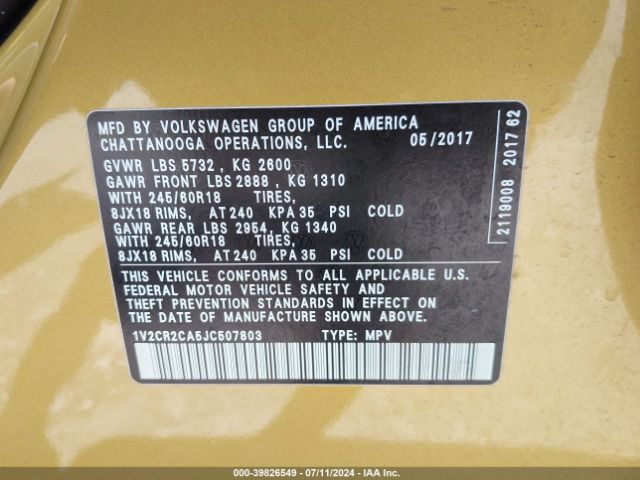 1V2CR2CA5JC507803 Volkswagen Atlas 3.6l V6 Se
