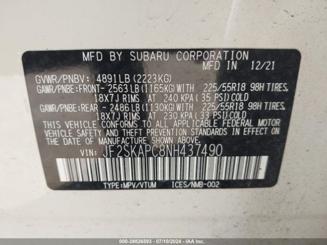 JF2SKAPC8NH437490 Subaru Forester Limited