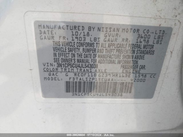 3N1CP5CU4JL543038 Nissan KICKS SV