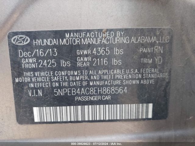 5NPEB4AC8EH868564 Hyundai SONATA GLS