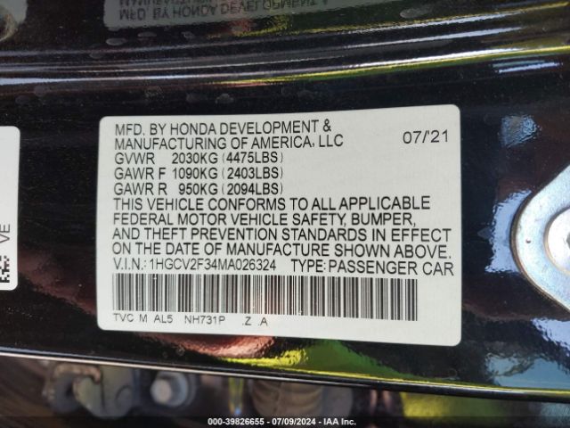 1HGCV2F34MA026324 Honda Accord Sport 2.0t