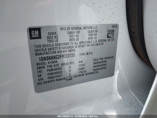 1GNSKKKC2FR722720 Chevrolet Suburban 1500 Ltz
