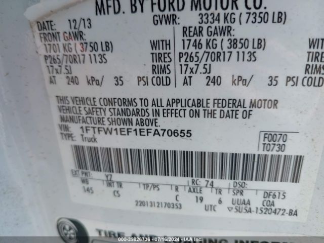 1FTFW1EF1EFA70655 Ford F-150 Xl