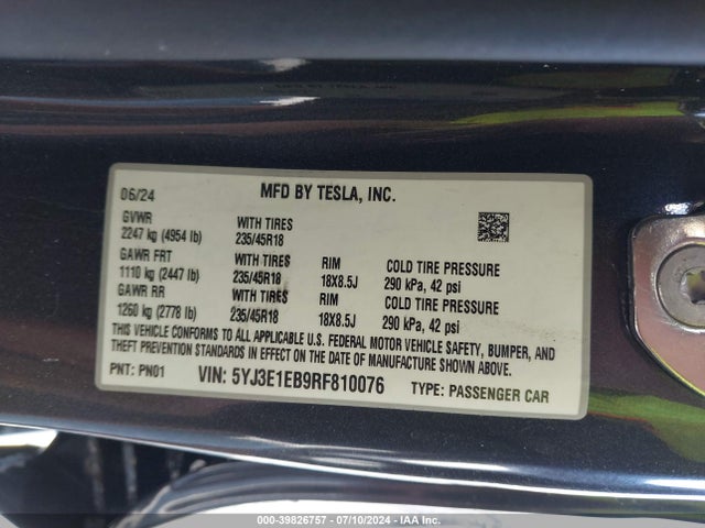 Tesla Model 3 Long Range Dual Motor All-wheel Drive 2024 5YJ3E1EB9RF810076 Image 9