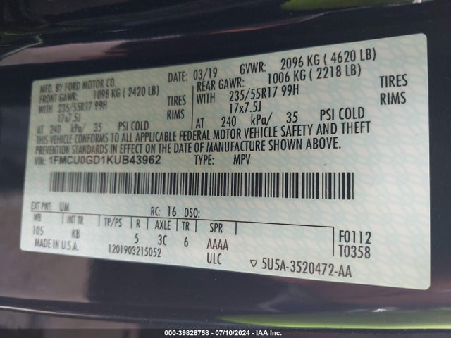 Ford ESCAPE SE 2019 1FMCU0GD1KUB43962 Image 9