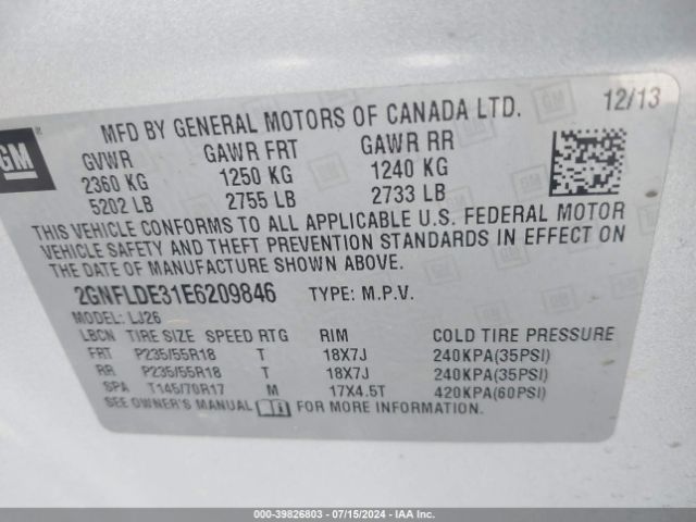 2GNFLDE31E6209846 Chevrolet Equinox Ltz