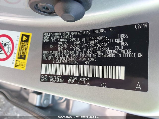 Toyota Highlander Xle V6 2014 5TDJKRFH3ES022868 Image 9