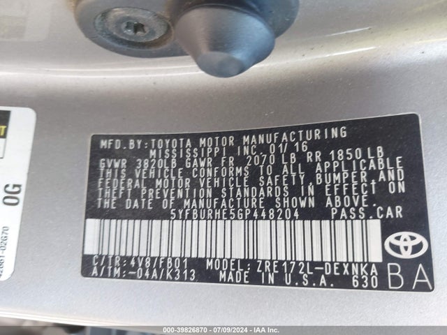 Toyota COROLLA LE 2016 5YFBURHE5GP448204 Image 9