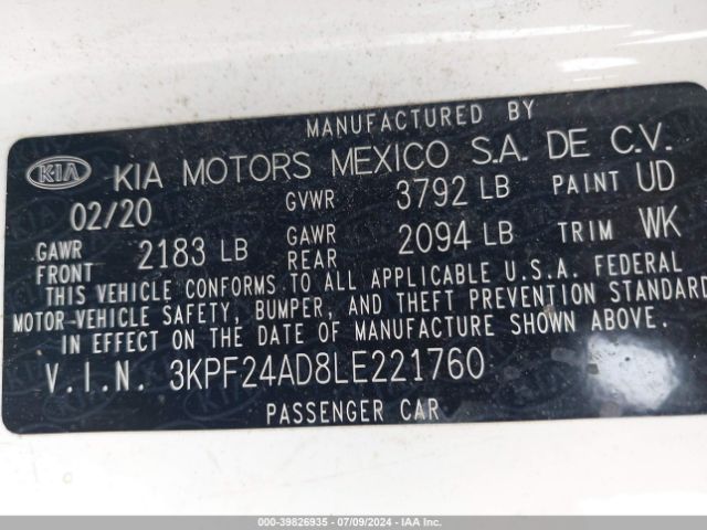 3KPF24AD8LE221760 KIA Forte Lxs