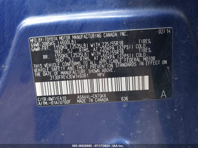 Toyota Rav4 Limited 2014 2T3DFREV3EW146081 Image 9