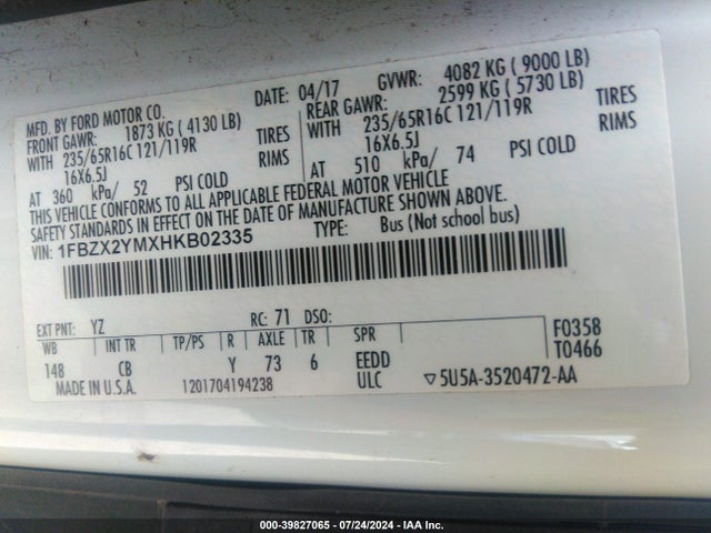 1FBZX2YMXHKB02335 Ford Transit-350 Xlt