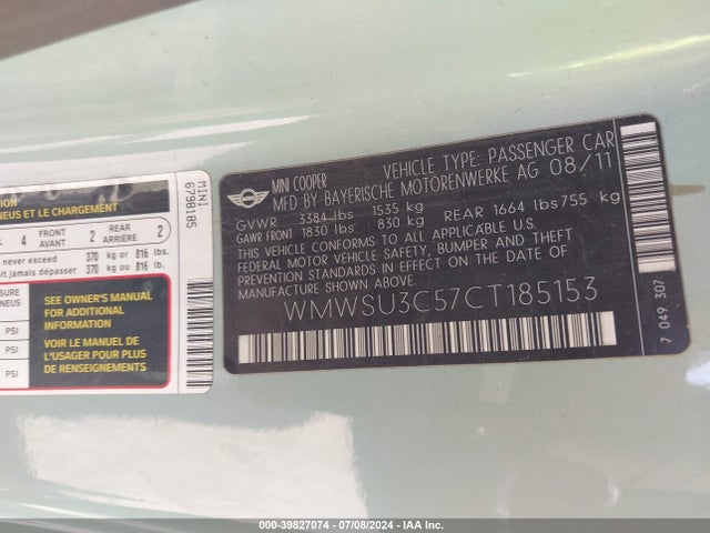 2012 MINI COOPER WMWSU3C57CT185153 Photo 8