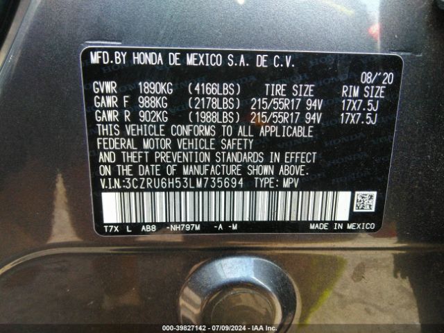 3CZRU6H53LM735694 Honda Hr-v Awd Ex